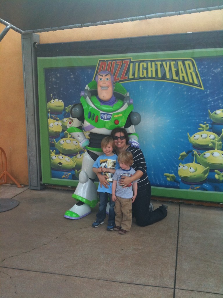 Liz Weston the Cambridge Mummy with her toddler boys and Buzz Lightyear at Disneyland Paris